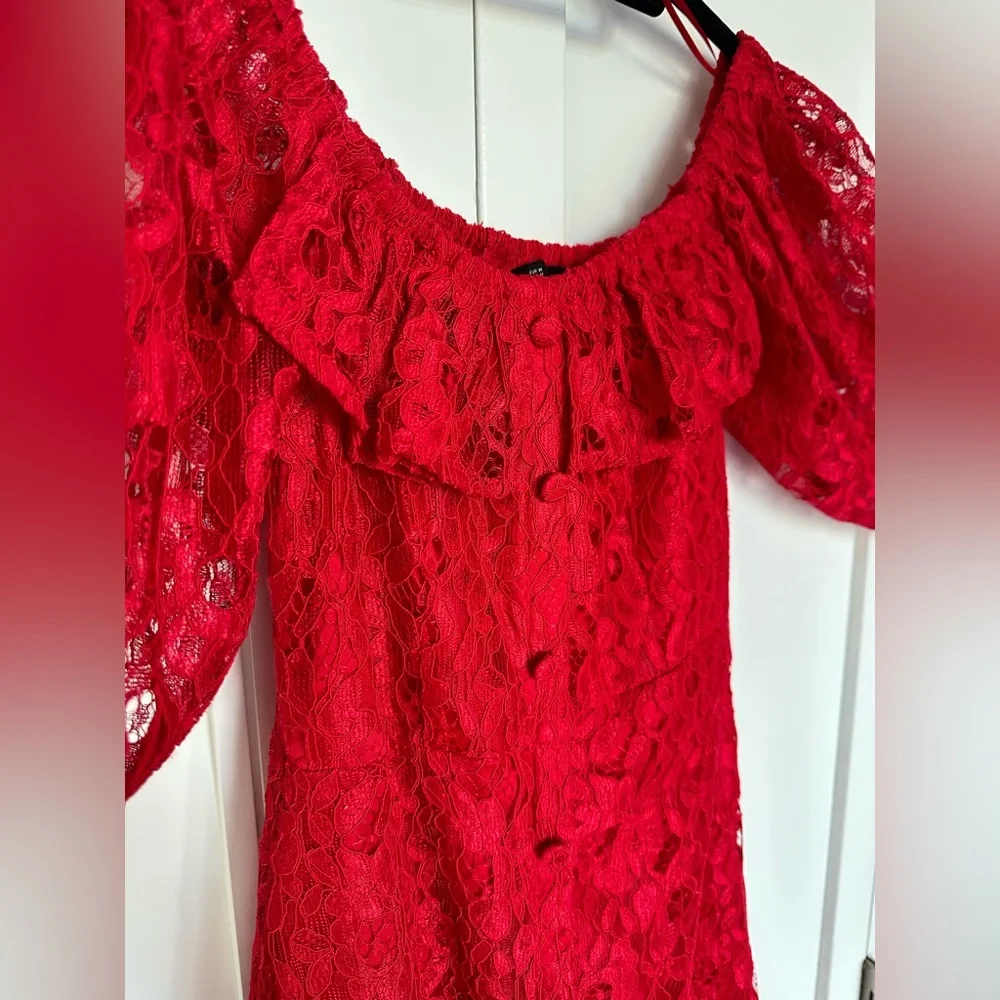 Zara Red Lace Midi Dress Button Down Size M Off-shoulder A Line Dress - Picture 10 of 15